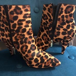 Vince Camuto pointed toe leopard calf hair booties